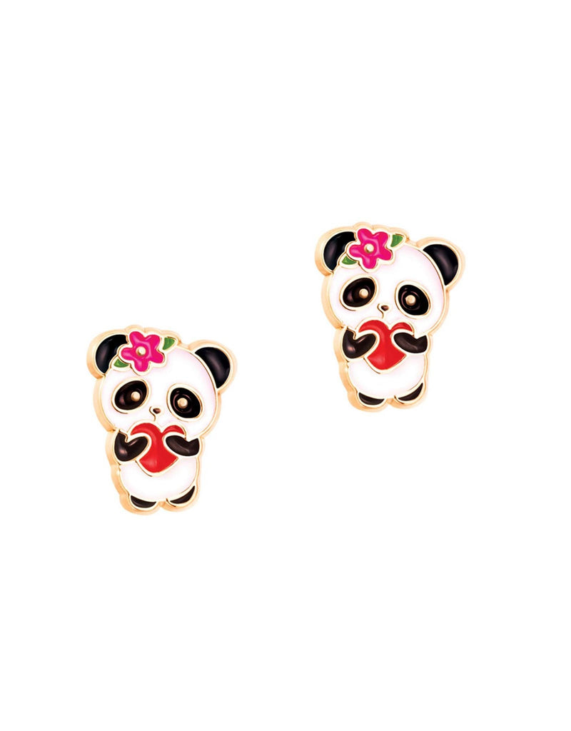 Enamel Stud Earrings - Panda With Heart