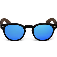 Round Walnut Wood Sunglasses With Blue Mirrored Lenses