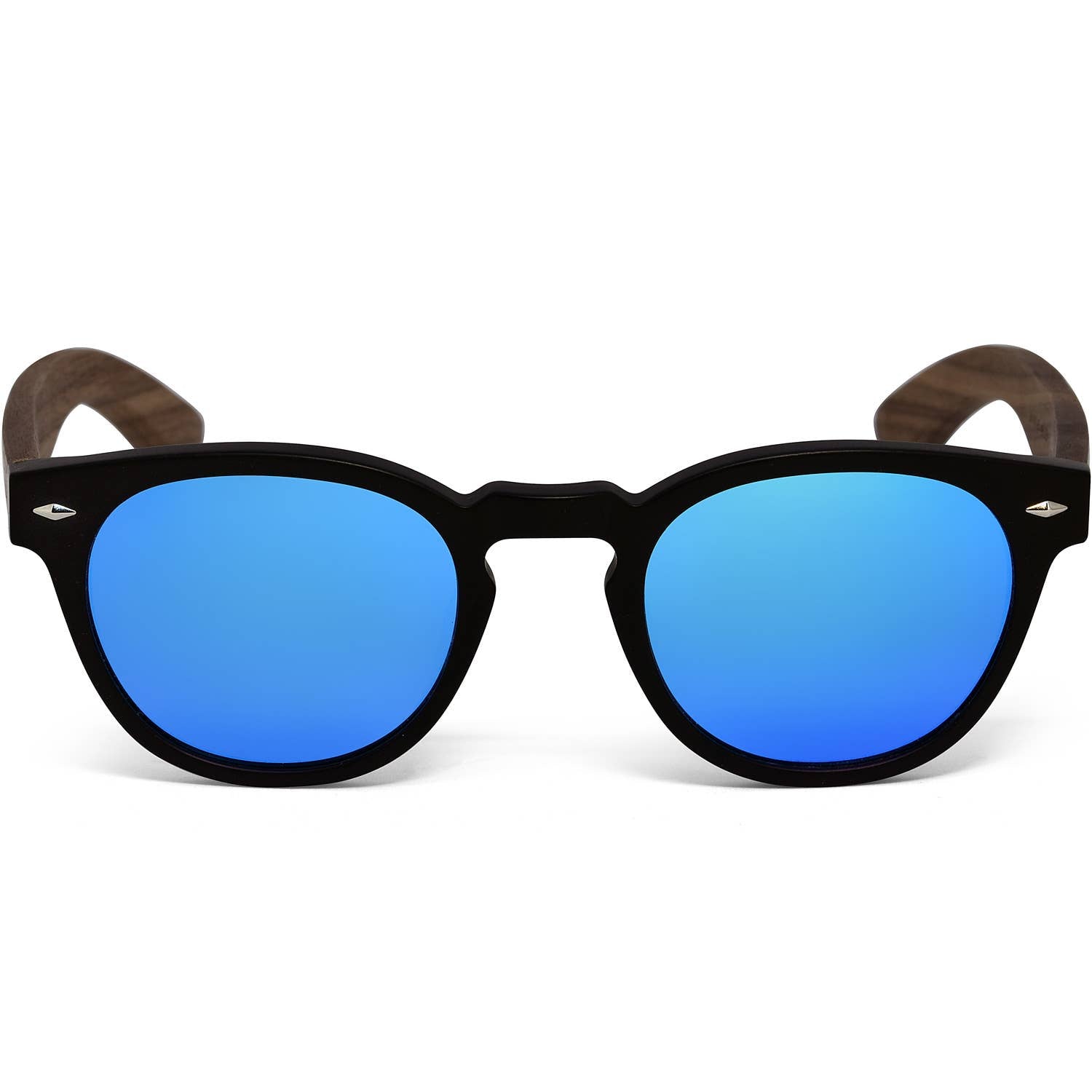 Round Walnut Wood Sunglasses With Blue Mirrored Lenses