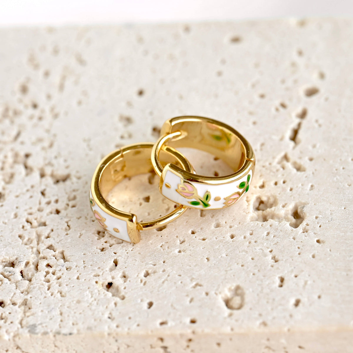 Gold Enamel Tulip Flower Hoop Earrings - 925 Sterling Silver