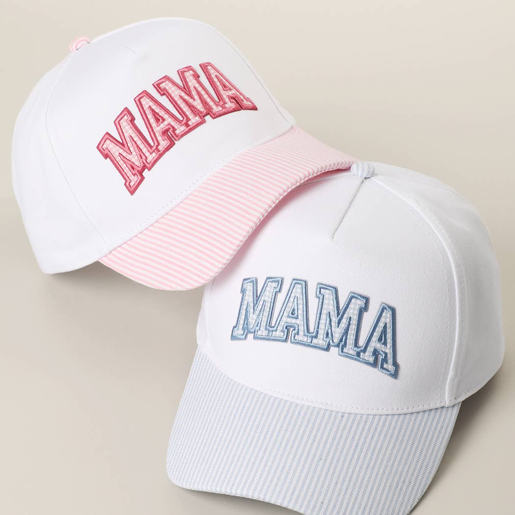 MAMA Gingham Embroidered Patch Stripe Brim Trucker Hat