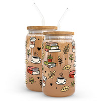 Books and Coffee 16oz Glass Can Cup - Plants, Book Lover