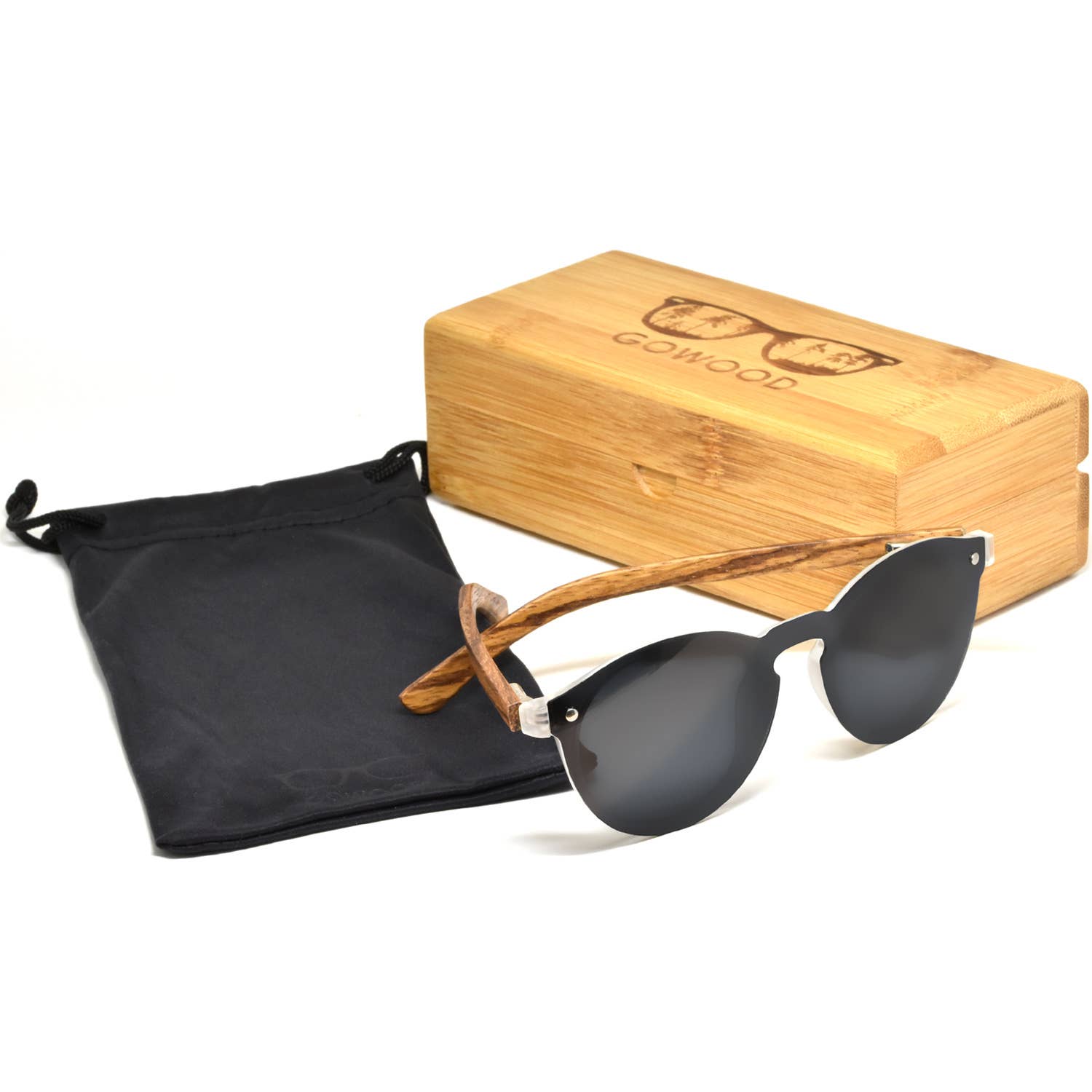 Round Zebra Wood Sunglasses with Black Polarized Lenses