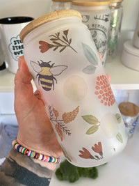Flowers and Bees 16oz Glass Cup - gardening, spring, floral