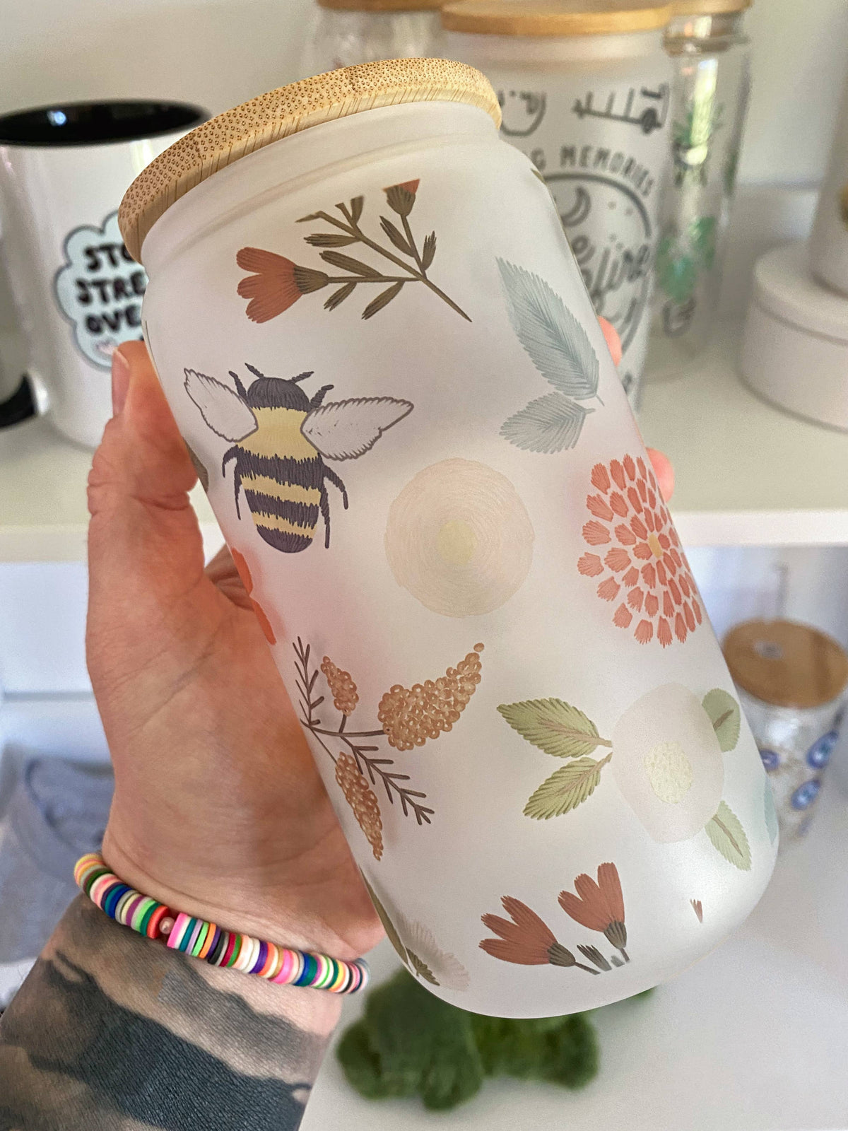 Flowers and Bees 16oz Glass Cup - gardening, spring, floral