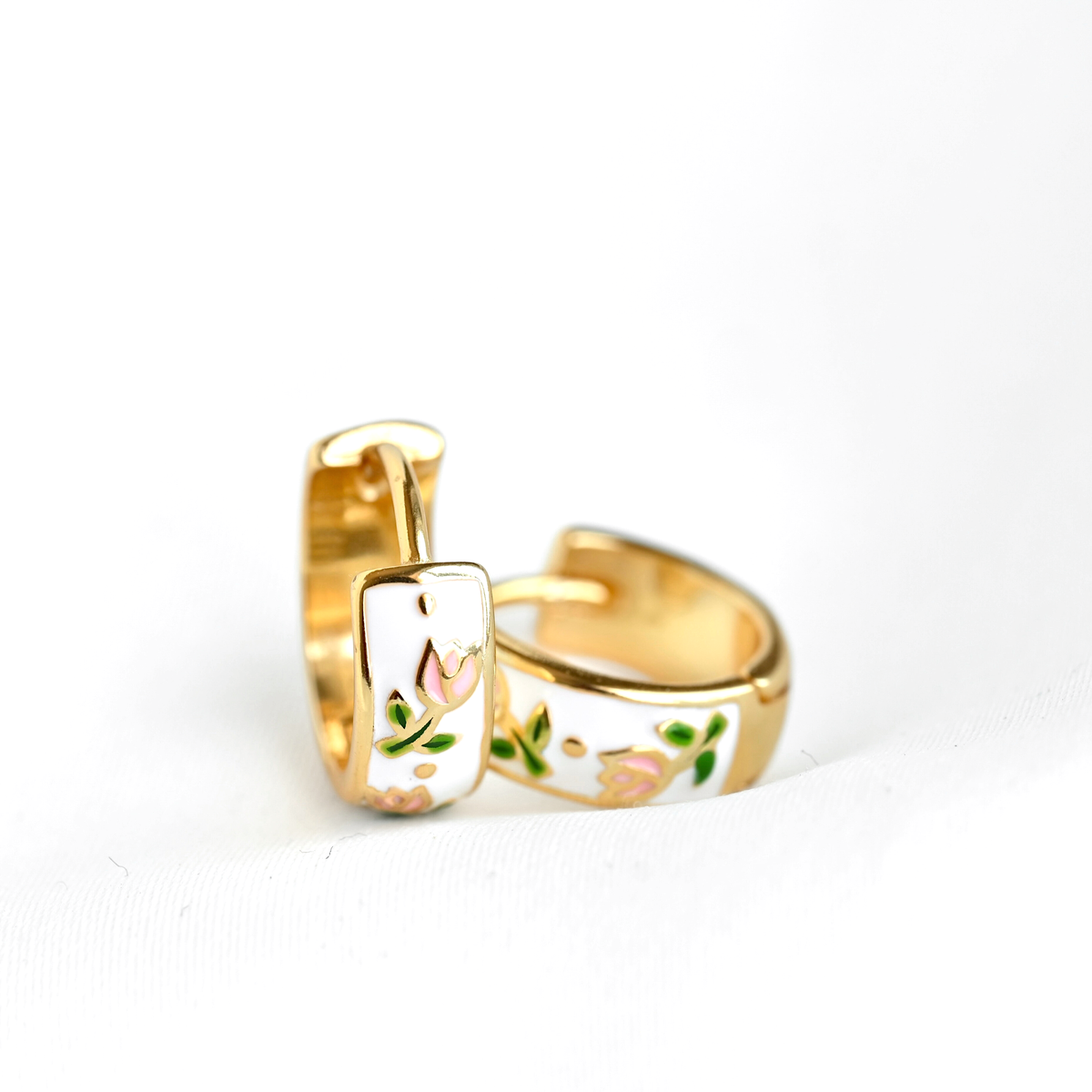 Gold Enamel Tulip Flower Hoop Earrings - 925 Sterling Silver