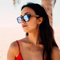Round Walnut Wood Sunglasses With Blue Mirrored Lenses