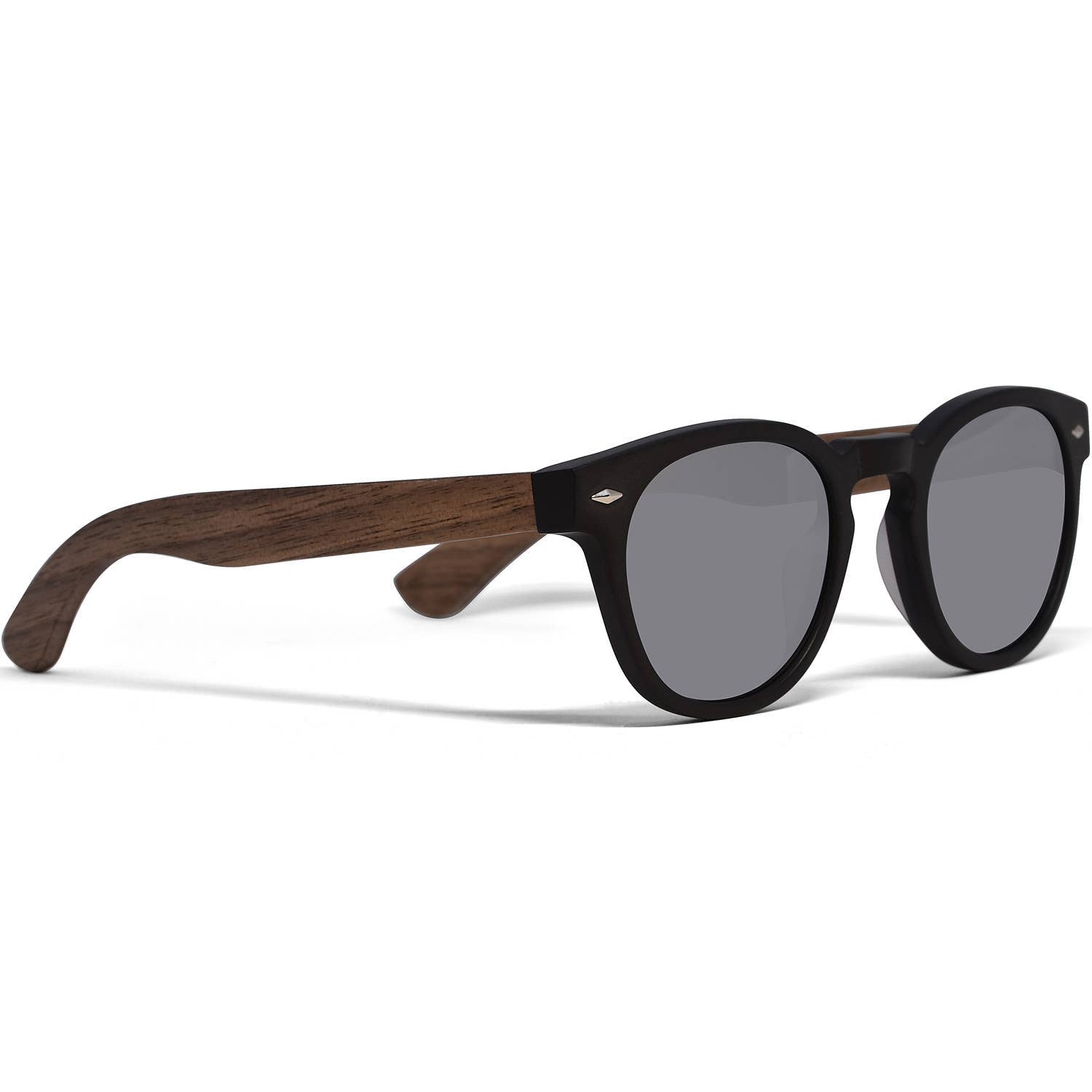 Round Walnut Wood Sunglasses With Silver Mirrored Lenses
