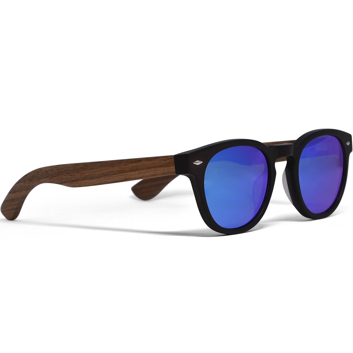 Round Walnut Wood Sunglasses With Blue Mirrored Lenses