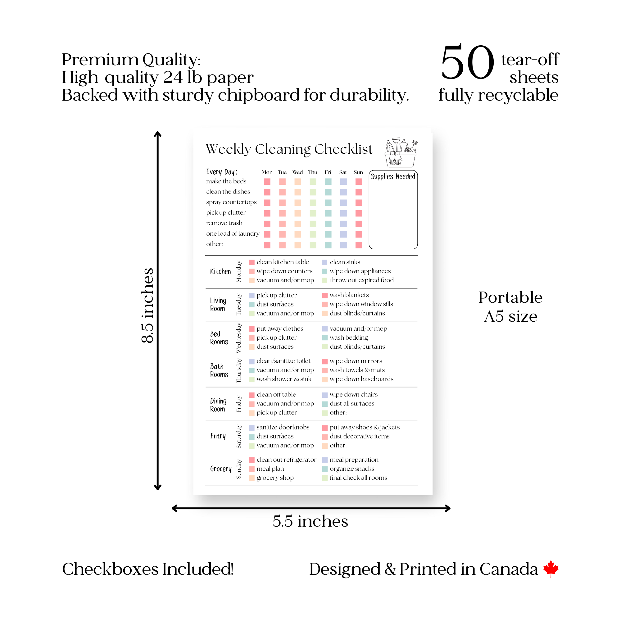 Weekly Cleaning Checklist: 50-Page Notepad