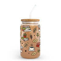 Books and Coffee 16oz Glass Can Cup - Plants, Book Lover