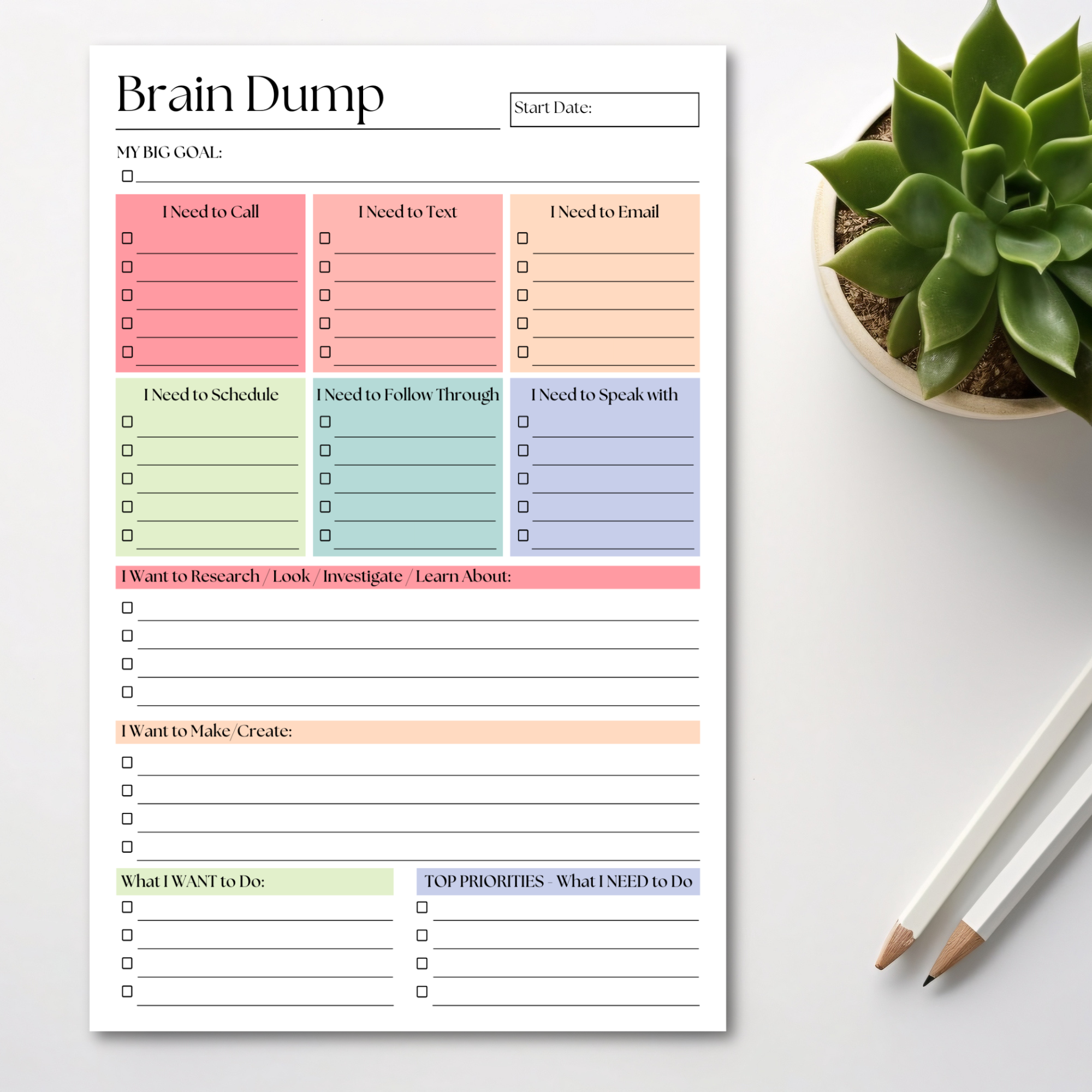 Brain Dump Notepad: 50-Page Daily ADHD Planner