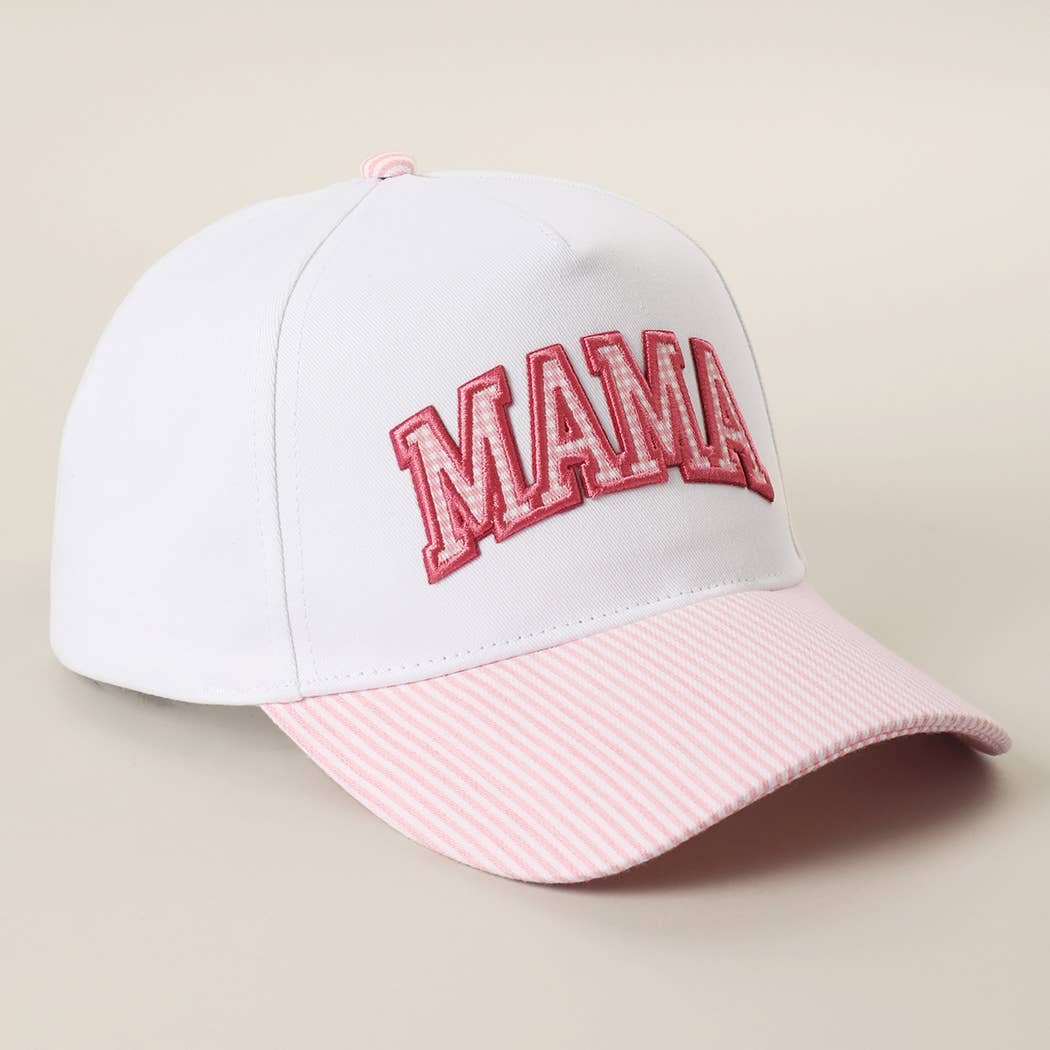 MAMA Gingham Embroidered Patch Stripe Brim Trucker Hat