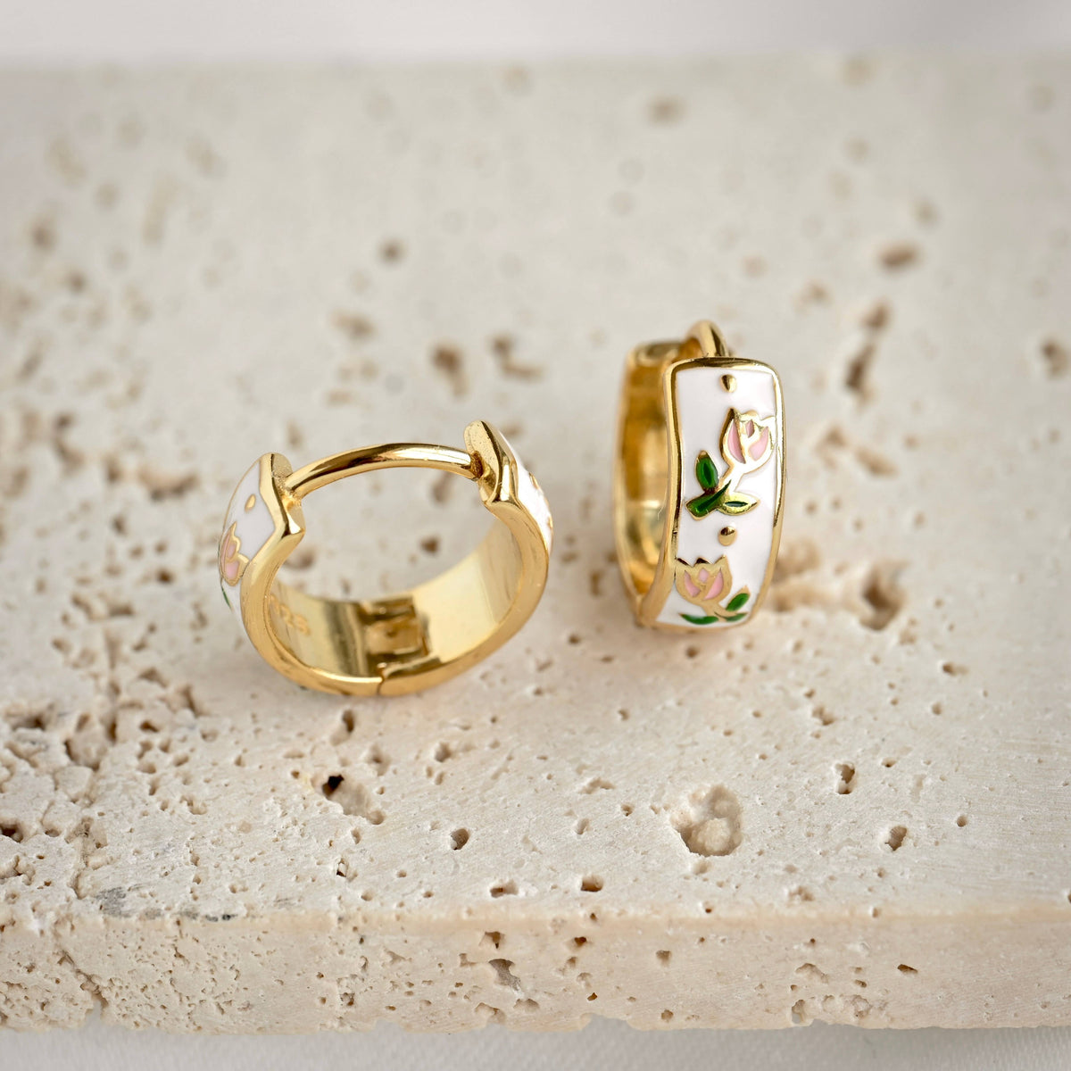 Gold Enamel Tulip Flower Hoop Earrings - 925 Sterling Silver