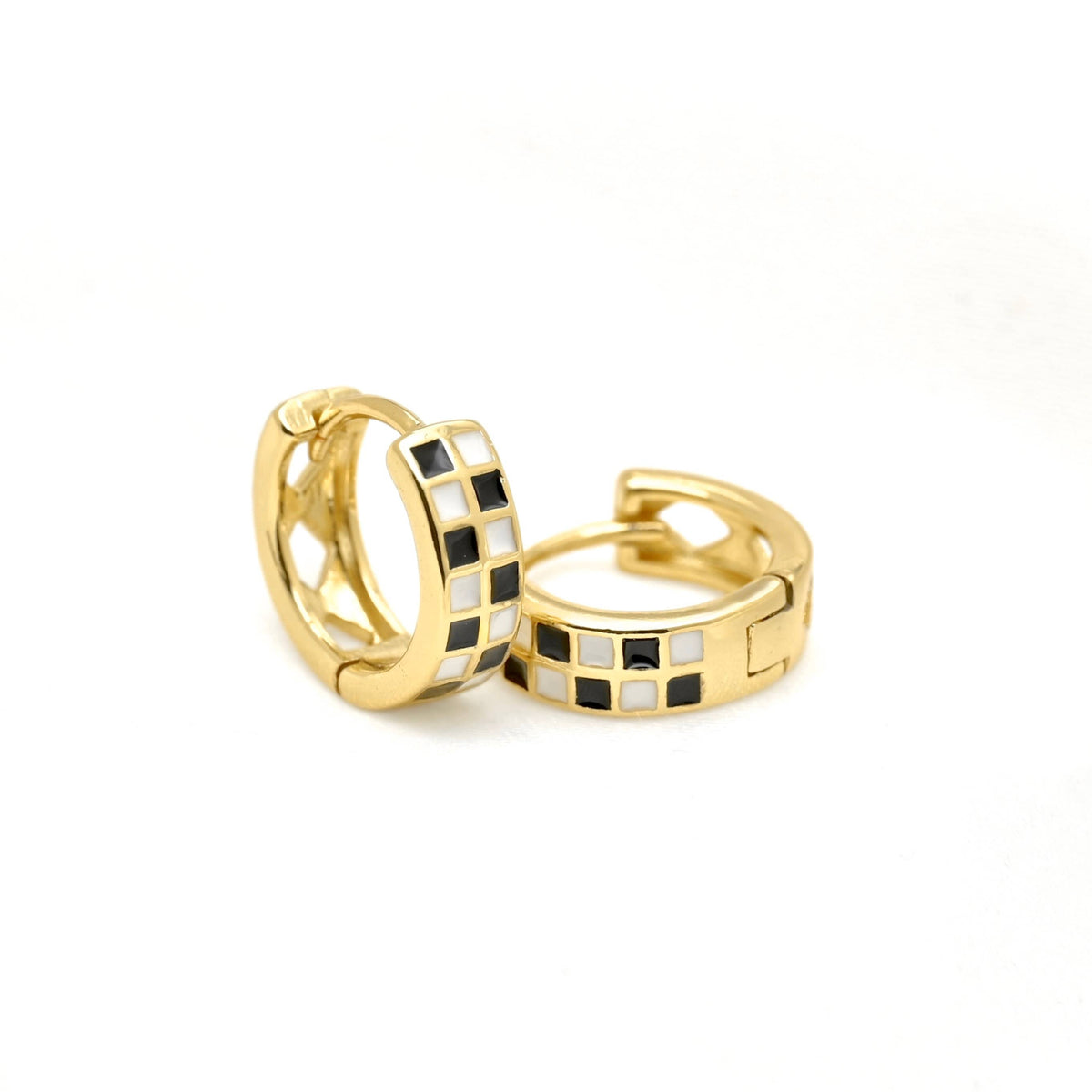 Gold Checker Hoop Earrings - Black & White Tile Hoops