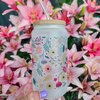 Spring Vibes Flower Frosted Glass Can with Bamboo Lid