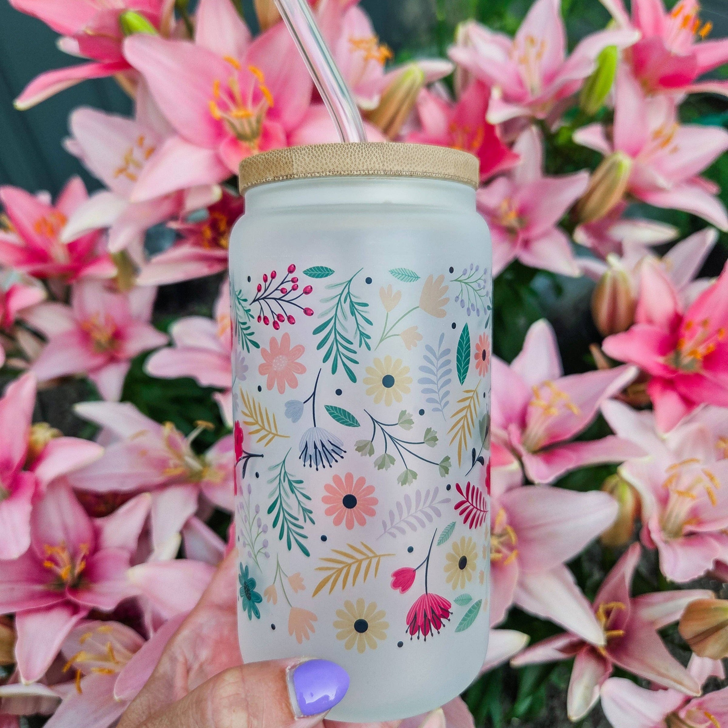 Spring Vibes Flower Frosted Glass Can with Bamboo Lid