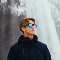 Round Walnut Wood Sunglasses With Blue Mirrored Lenses