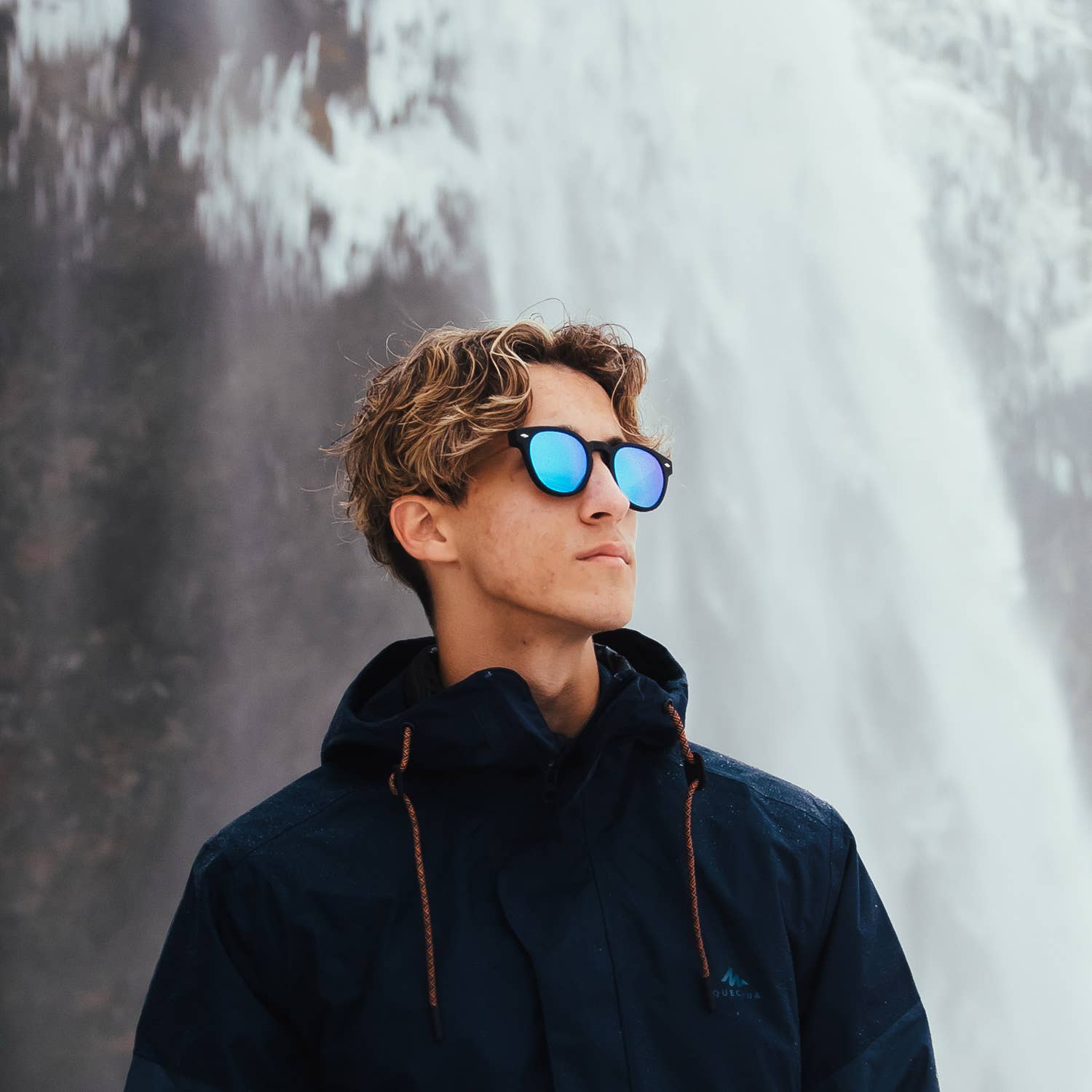 Round Walnut Wood Sunglasses With Blue Mirrored Lenses