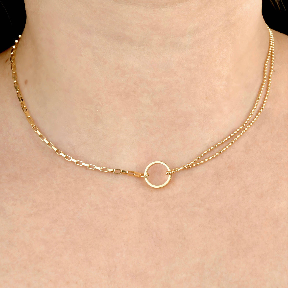 Gold Mixed Chain Circle Link Necklace - Stainless Steel