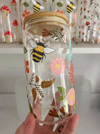 Flowers and Bees 16oz Glass Cup - gardening, spring, floral