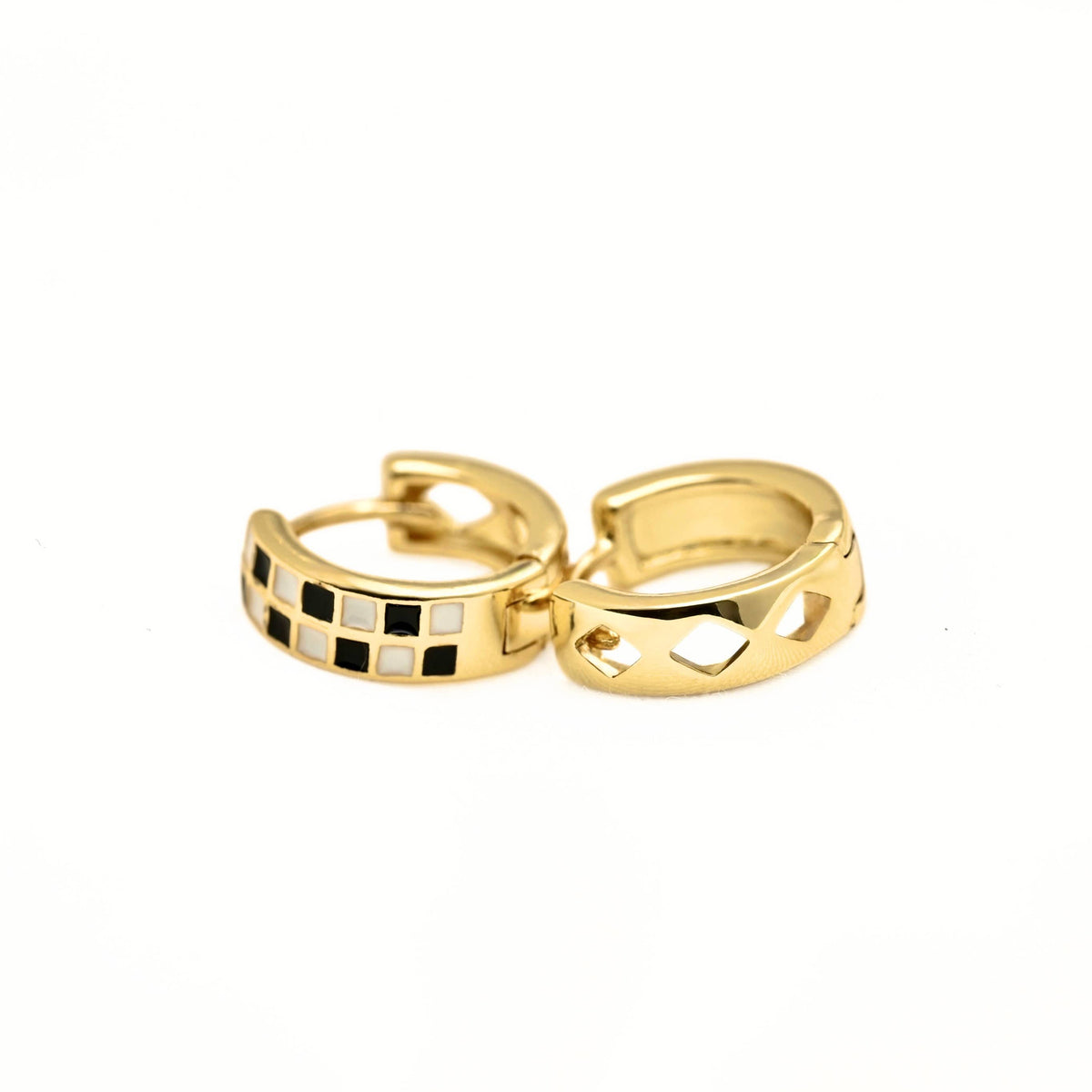 Gold Checker Hoop Earrings - Black & White Tile Hoops