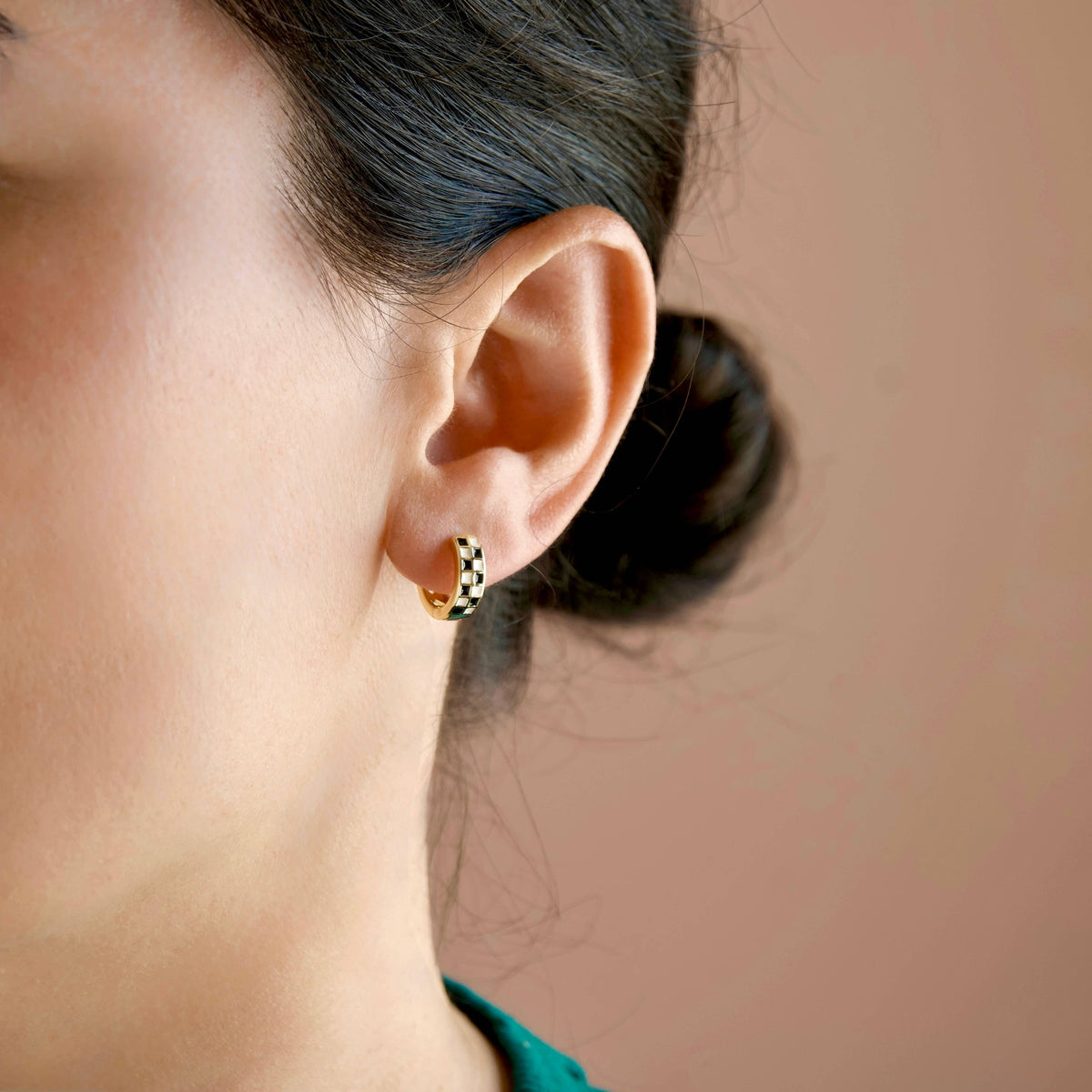 Gold Checker Hoop Earrings - Black & White Tile Hoops