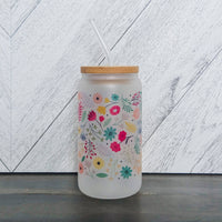 Spring Vibes Flower Frosted Glass Can with Bamboo Lid