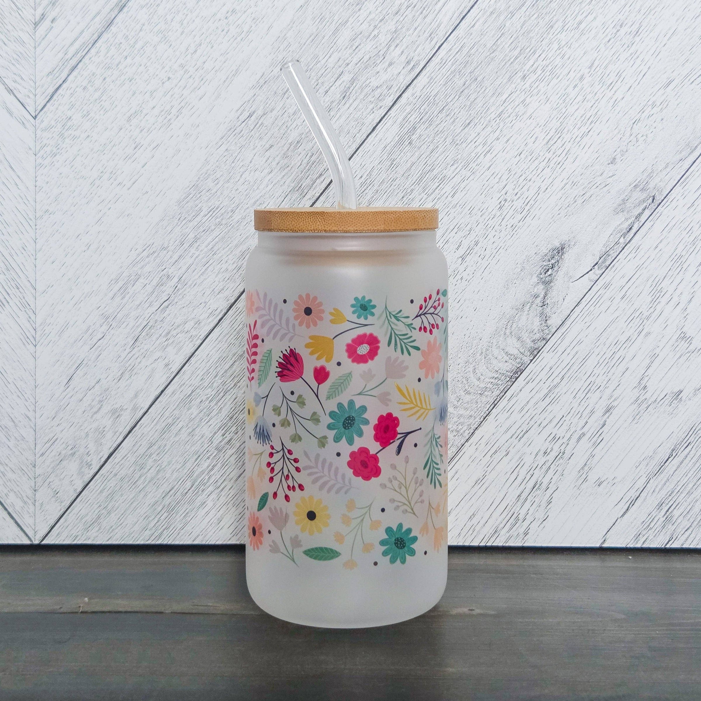 Spring Vibes Flower Frosted Glass Can with Bamboo Lid