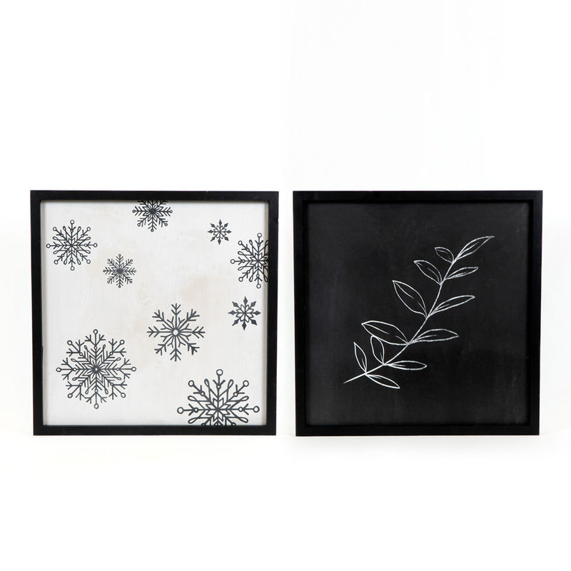 Reversible Wood Framed Sign (Snowflakes/Stem) white/black/green