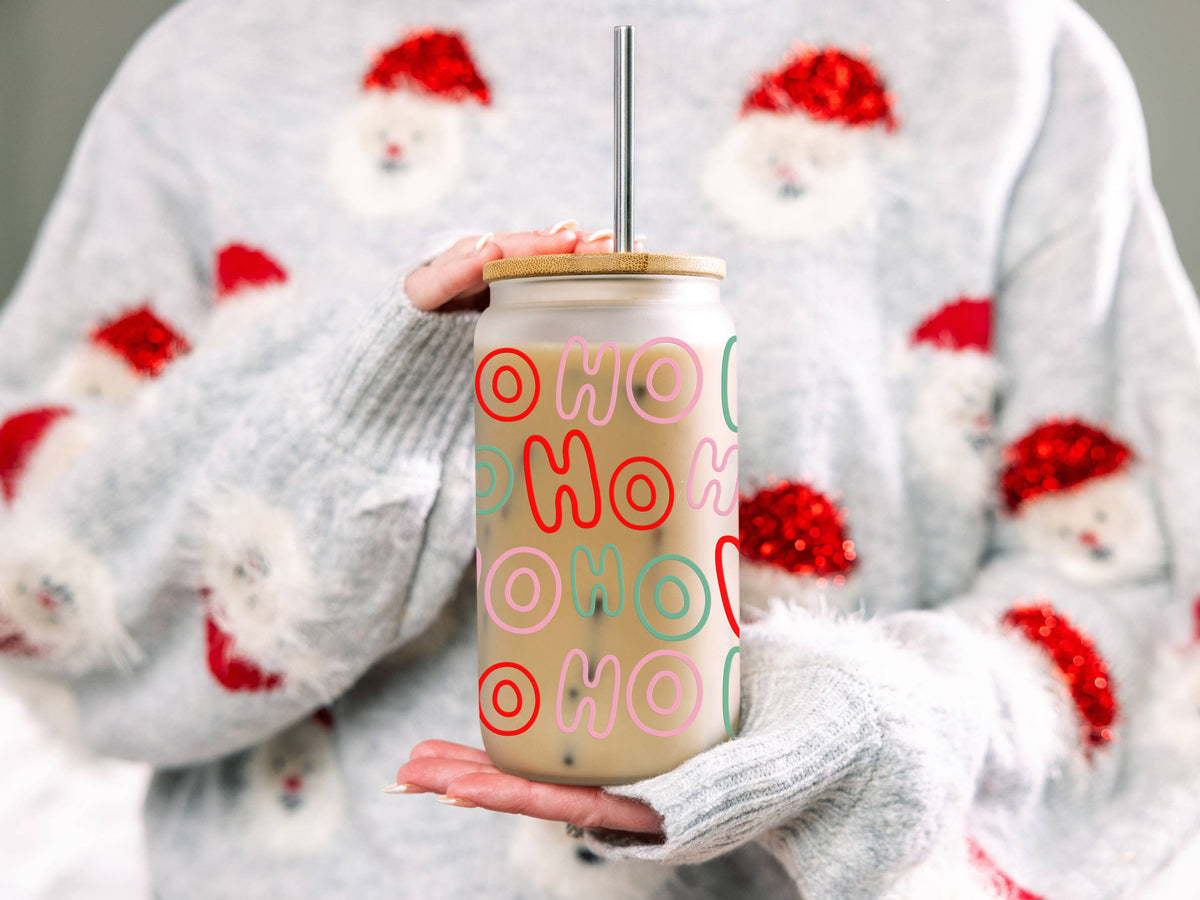 HO HO HO Christmas 16oz Glass Can Cup - Festive, Holidays