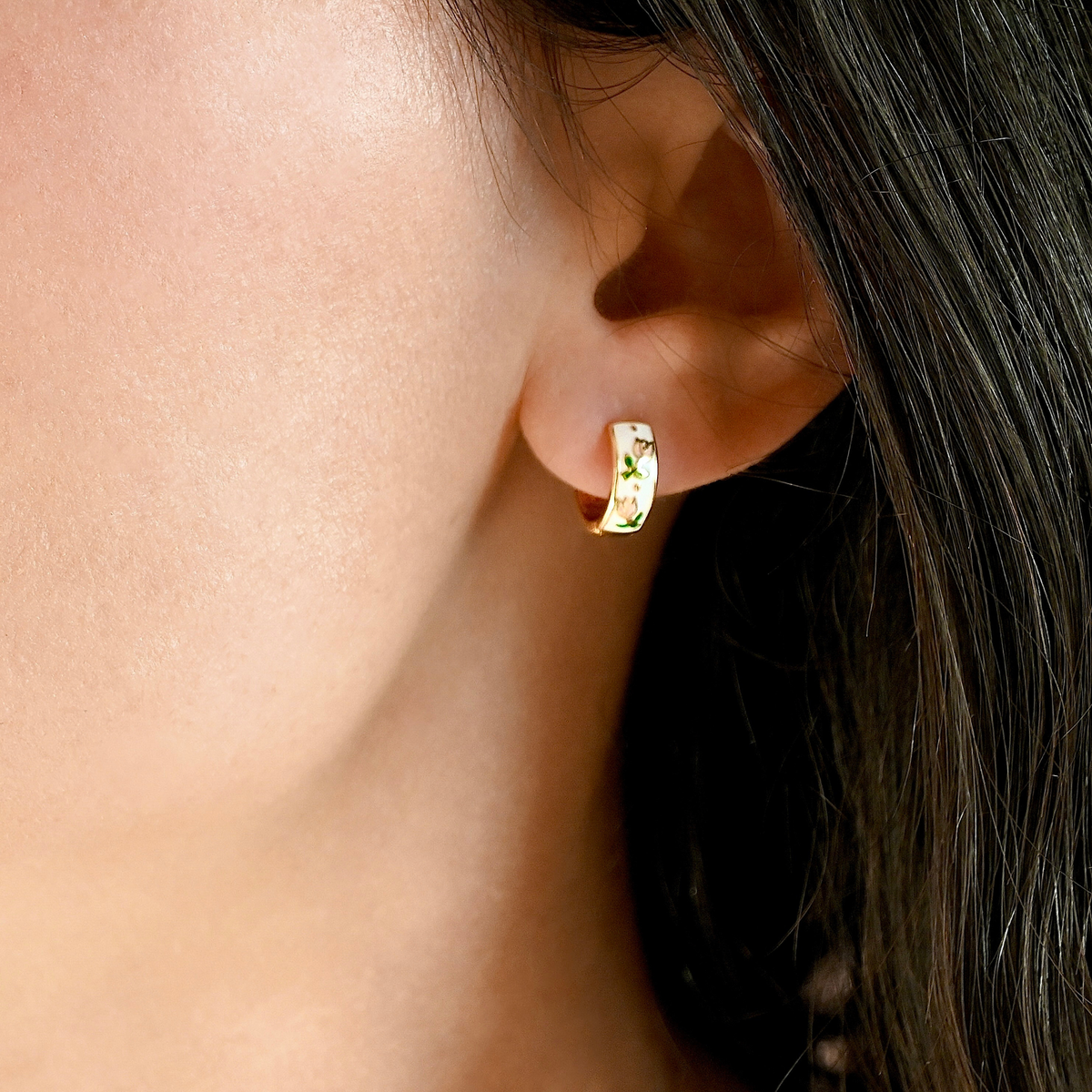 Gold Enamel Tulip Flower Hoop Earrings - 925 Sterling Silver