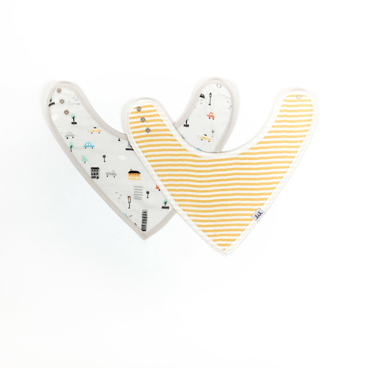 Muslin Bandana Bib Set - City Cars & Ochre Stripe