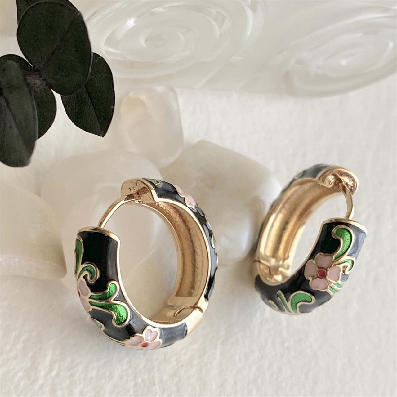 Alfonse Vintage Cloisonne Hoop Earrings in Black