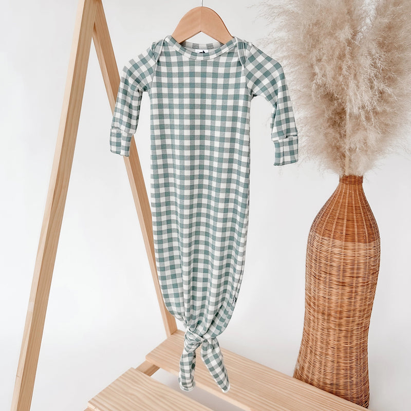 Baby Knotted Gown - Eucalyptus Gingham (0-6M)