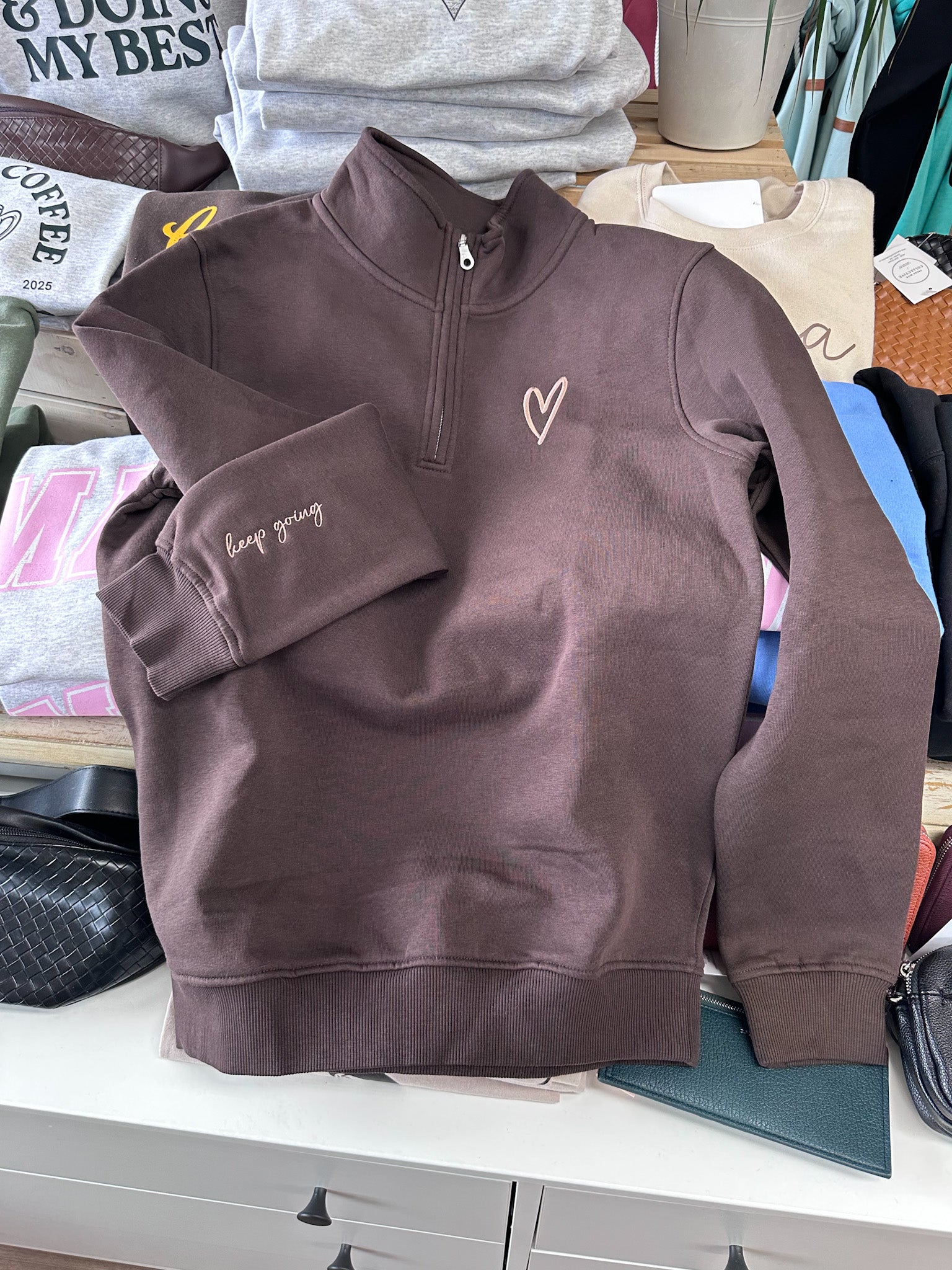 1/4 Zip Crew - Brown Keep Going