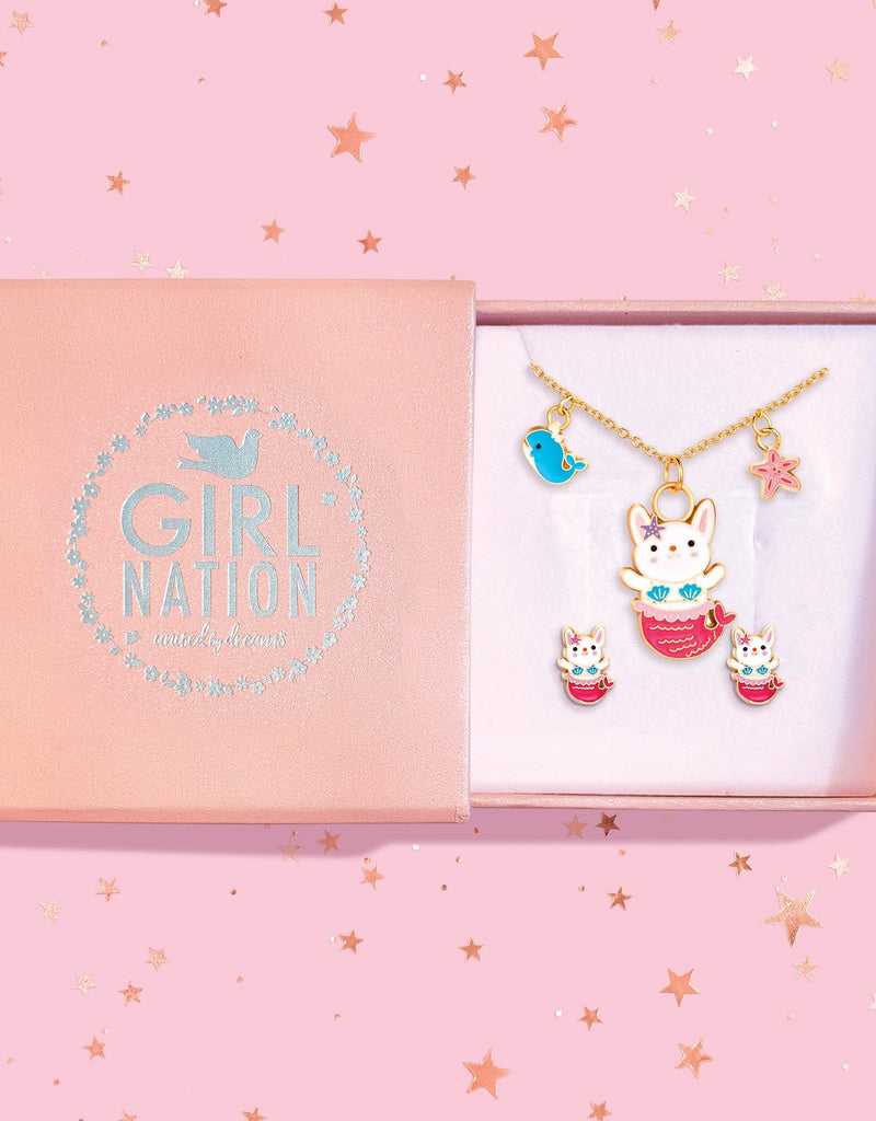 Necklace & Earrings Gift Set - Pink Mermaid Bunny