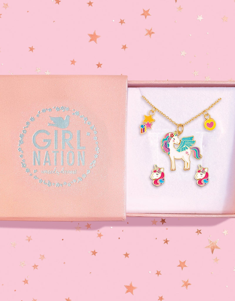 Fantasy Necklace & Earrings Gift Set - Unicorn & Glitter Flower