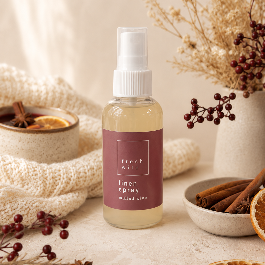 A bottle of Fresh Wife Linen Spray with a 'muted wine' scent, styled on a light stone surface with cozy props including a cream knit blanket, dried orange slices, cinnamon sticks, and berries.