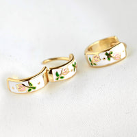 Gold Enamel Tulip Flower Hoop Earrings - 925 Sterling Silver