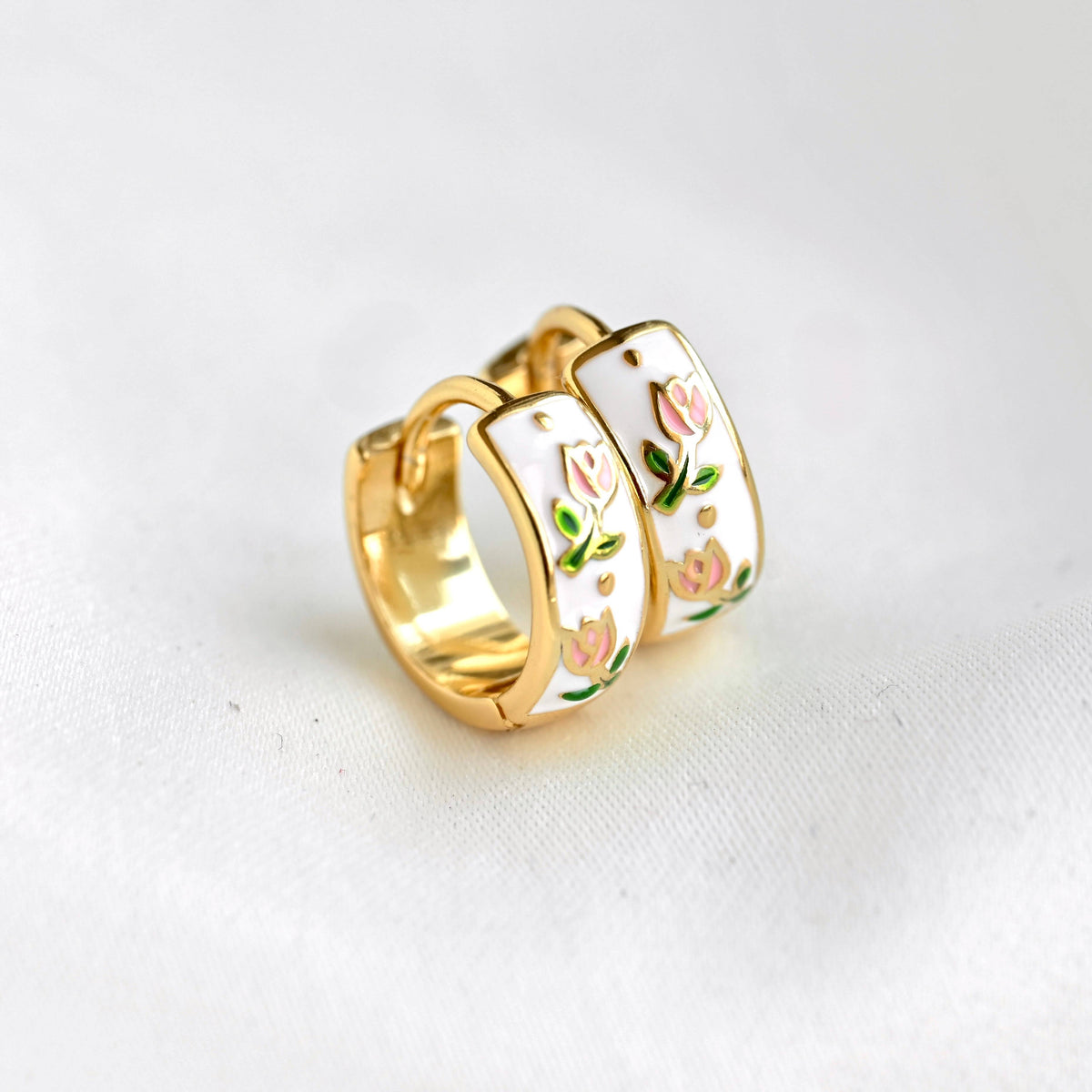 Gold Enamel Tulip Flower Hoop Earrings - 925 Sterling Silver