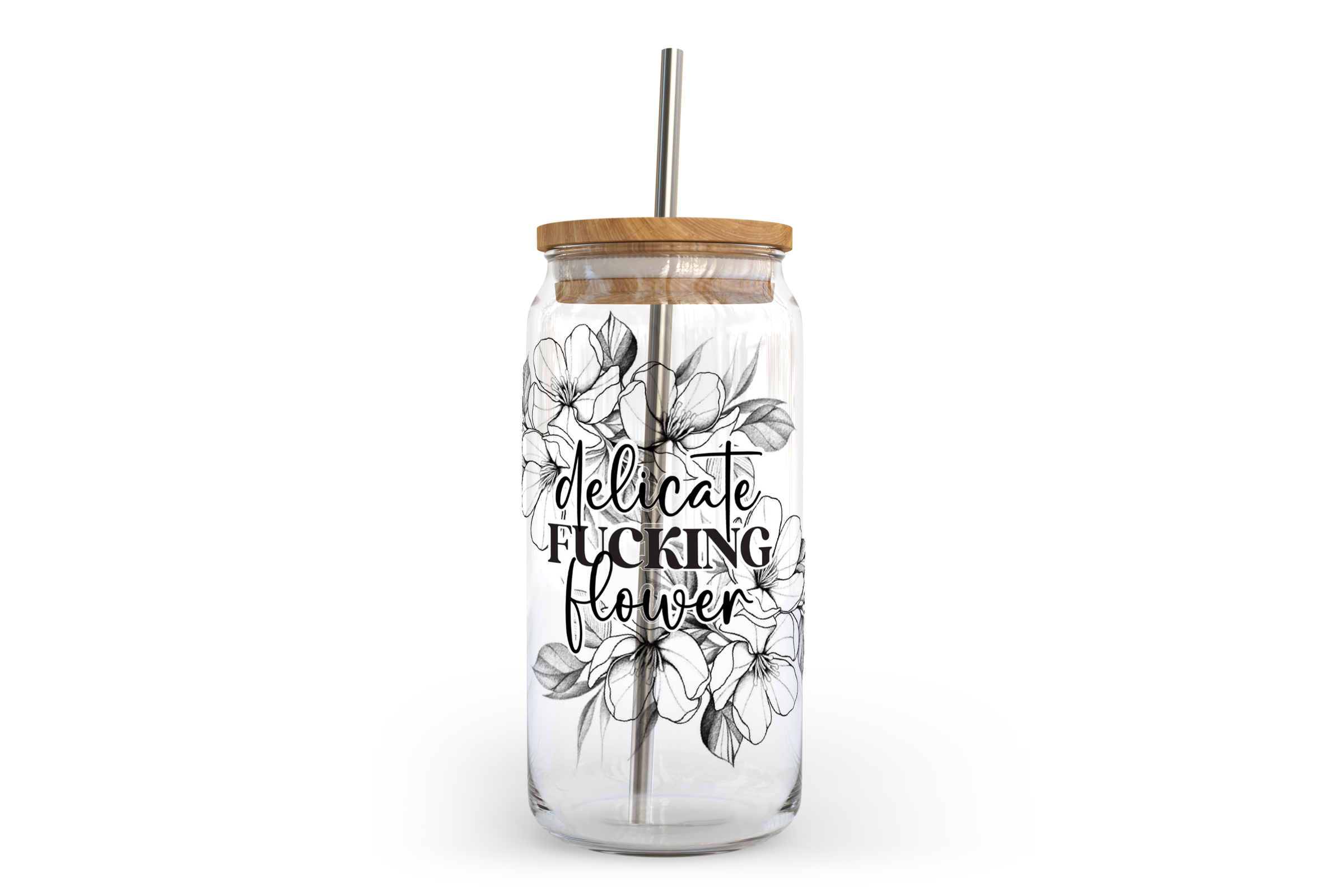 Delicate Fucking Flower Glass Can w Bamboo Lid | Sweary