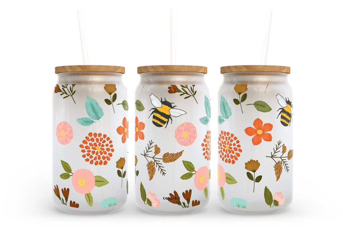 Flowers and Bees 16oz Glass Cup - gardening, spring, floral