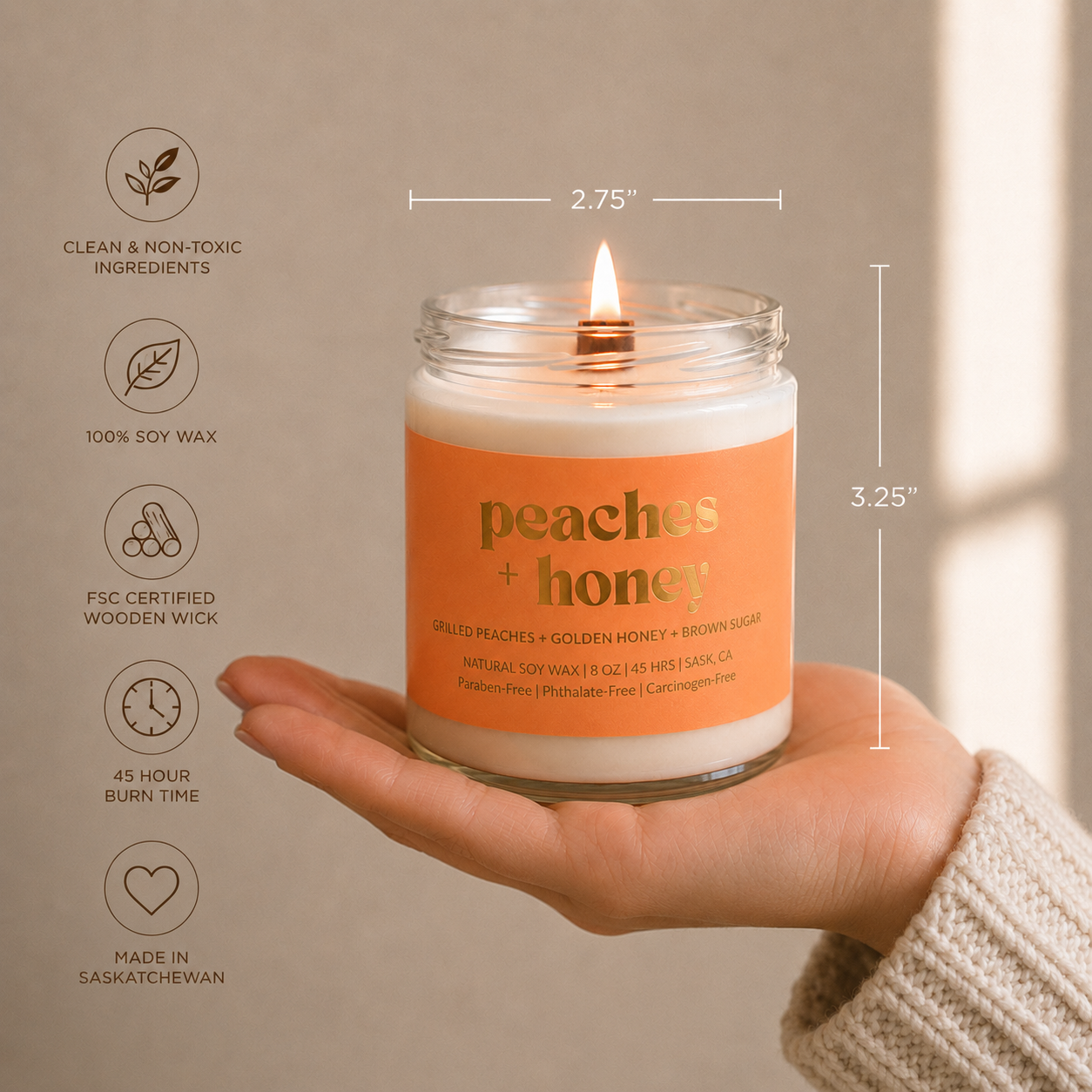 PEACHES & HONEY | 8OZ NON TOXIC SOY CANDLE | FALL COLLECTION