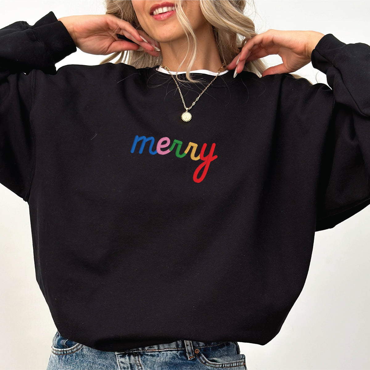 EMBROIDERED Holiday Sweater Christmas Sweatshirt MERRY