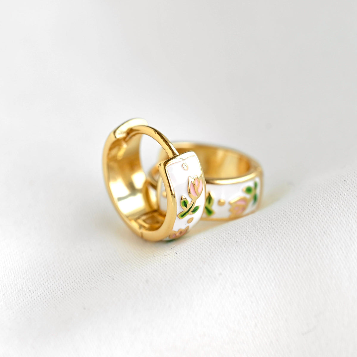 Gold Enamel Tulip Flower Hoop Earrings - 925 Sterling Silver