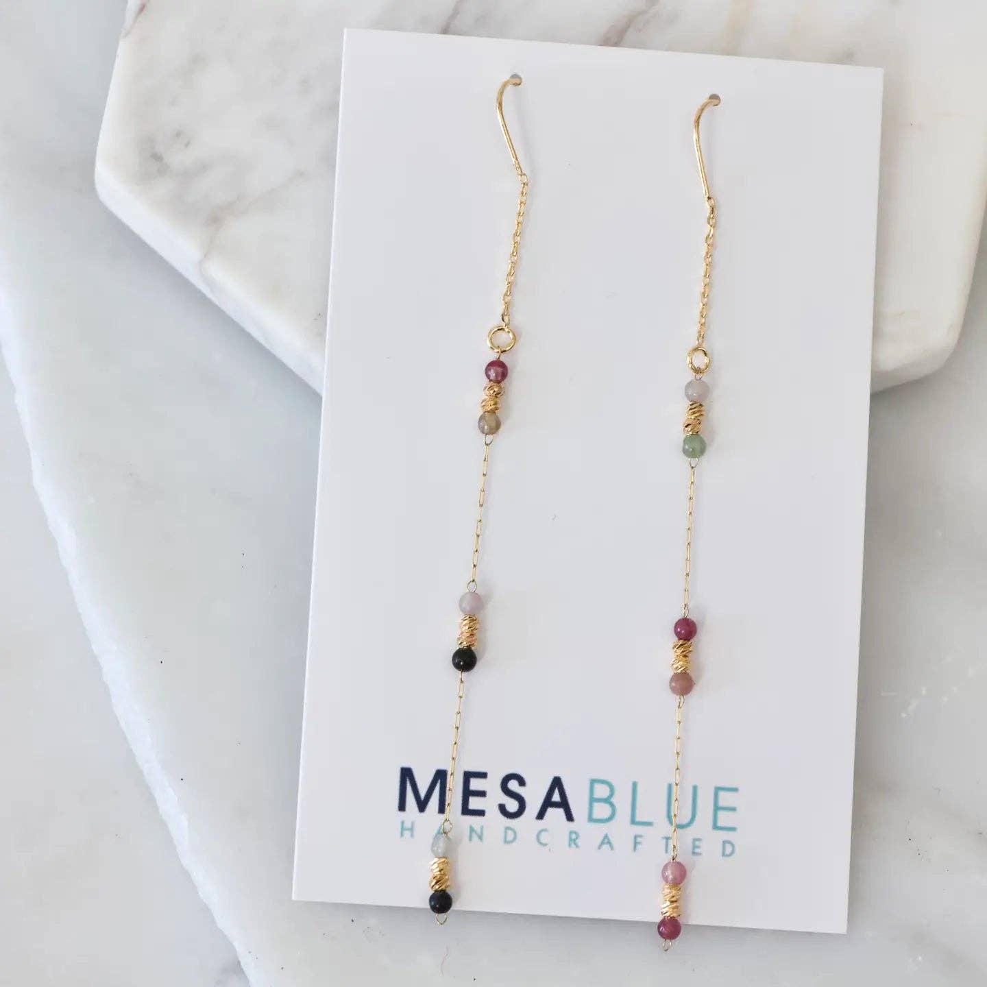 Tourmaline or Turquoise Round Beaded Threaded Earrings
