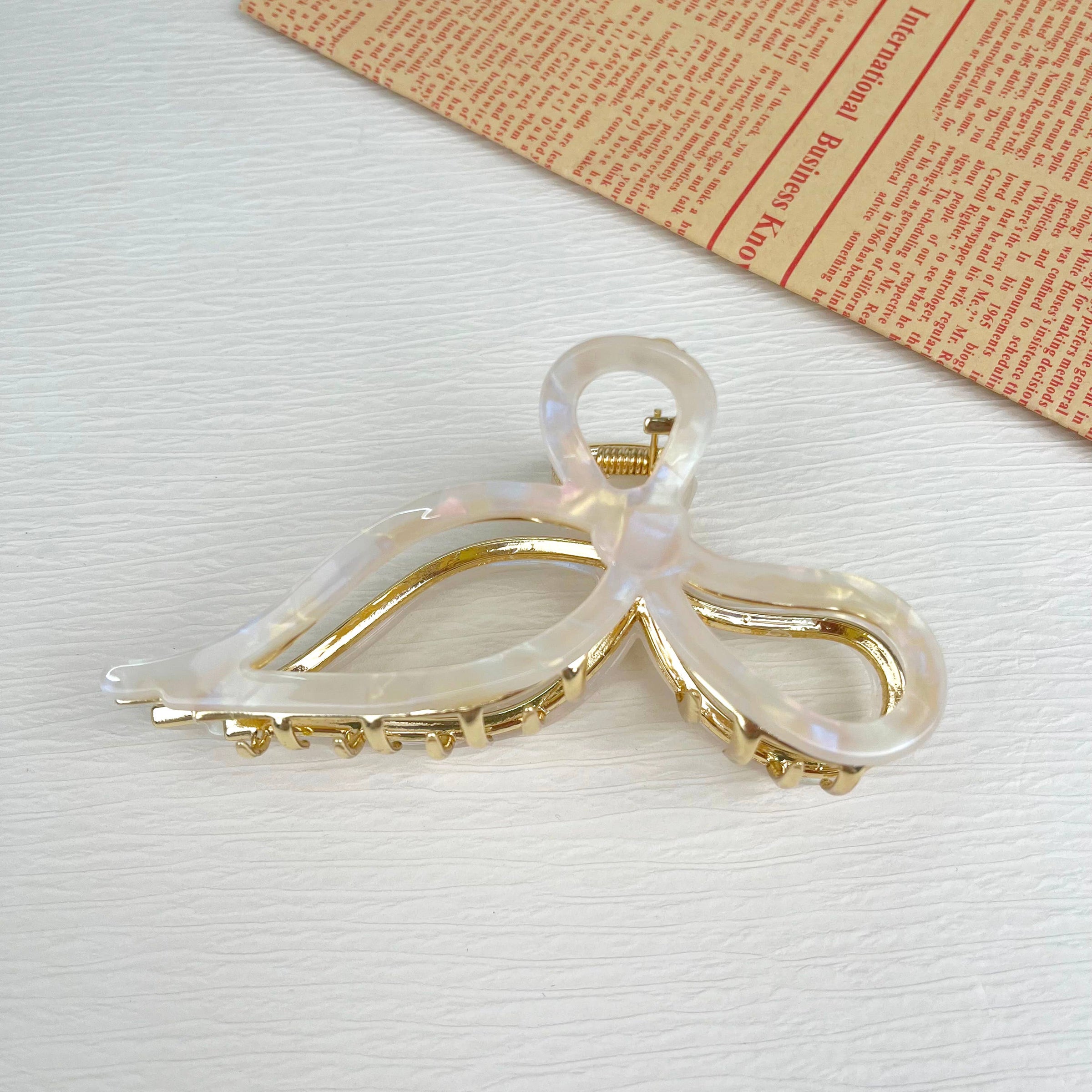 White Bow Hair Clips - Gold Metal