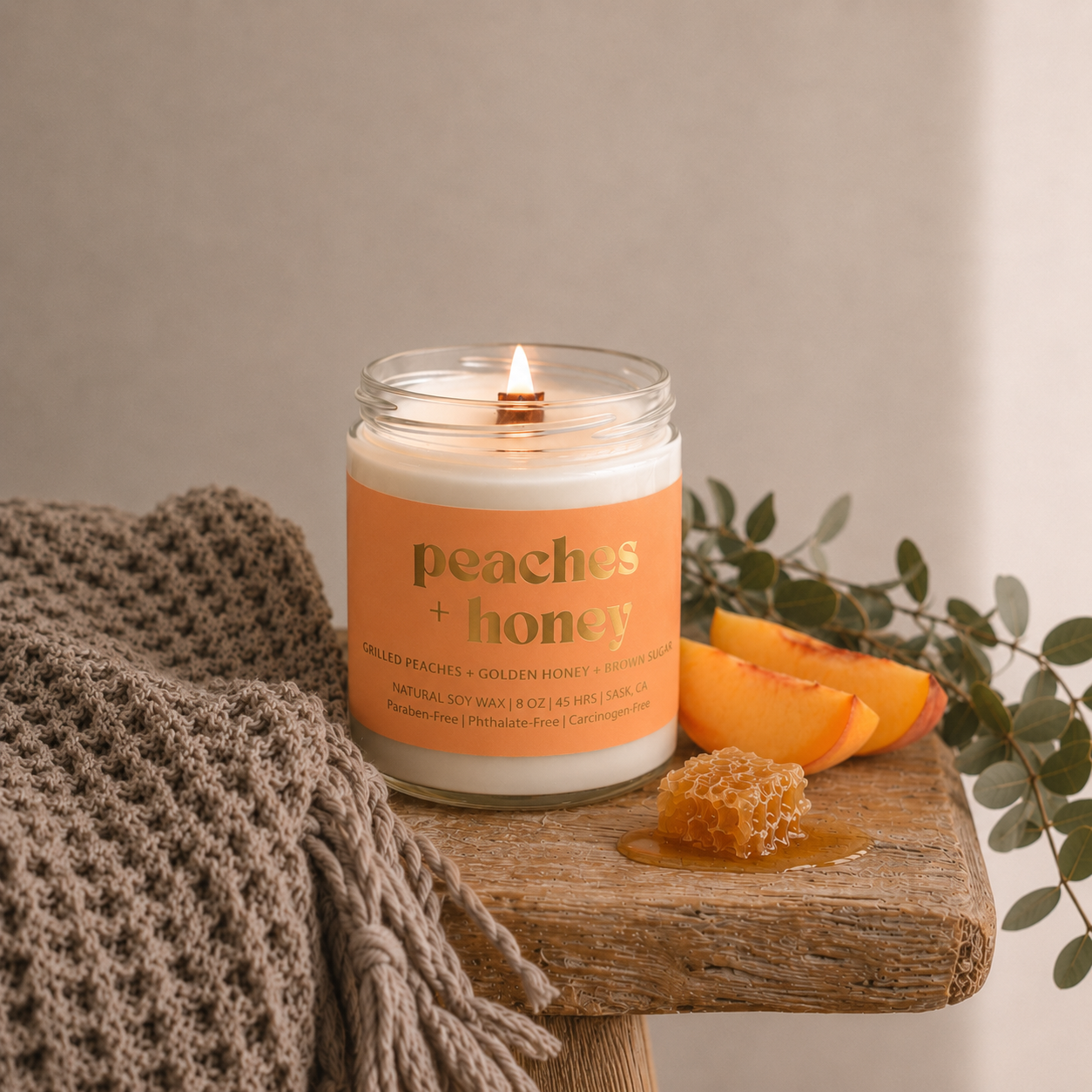 PEACHES & HONEY | 8OZ NON TOXIC SOY CANDLE | FALL COLLECTION