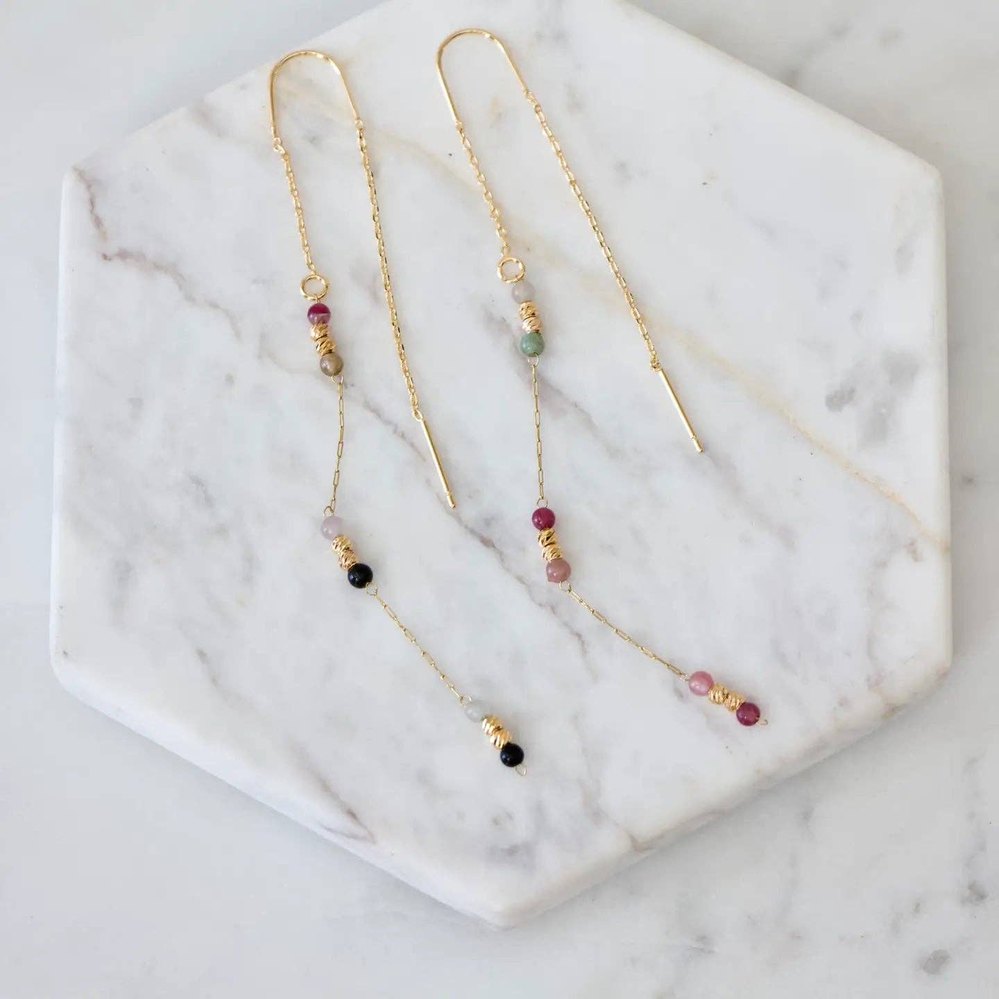 Tourmaline or Turquoise Round Beaded Threaded Earrings